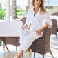 Cotton Comfort Collared V Neck Lounge Sweatshirt White