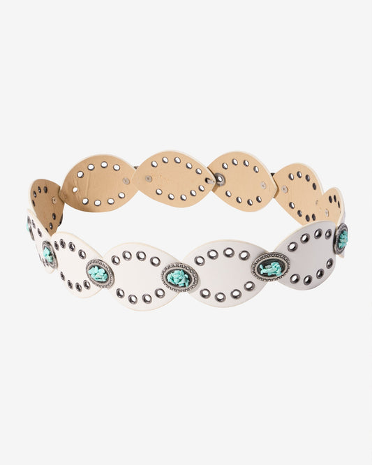 Turquoise Grommet Leather Waist Belt Off White
