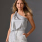 Charmeuse Fringe One Shoulder Blouse Silver
