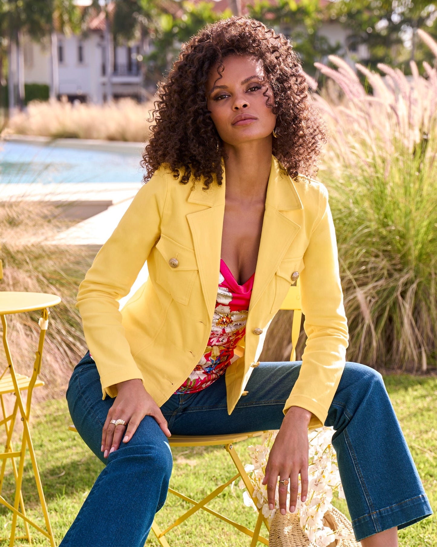 Modern Length Crest Button Luxe Denim Jacket Lemon Drop