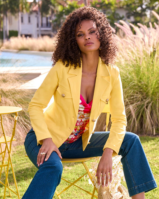 Modern Length Crest Button Luxe Denim Jacket Lemon Drop