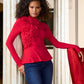 Mock Neck Chiffon Peplum Top Racing Red