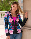 Midnight Garden Placed Print Peplum Scuba Jacket Black