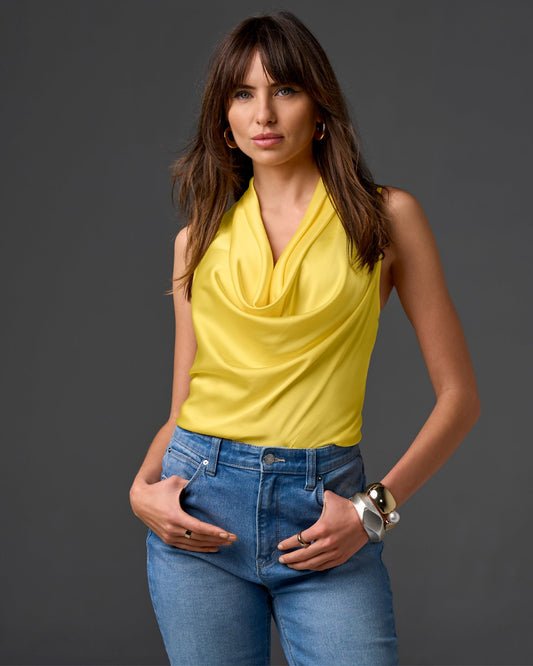 Marilyn Cowl-Neck Charmeuse Blouse Lemon Drop