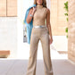 Malibu Faux Leather Wide Leg Five Pocket Pant Beige