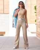 Malibu Faux Leather Wide Leg Five Pocket Pant Beige