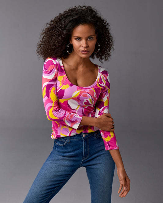So Effortless Print Scoop Neck Knit Top Sunset Abstract