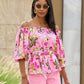 Print Linen Puff Sleeve Tie Waist Peplum Blouse Painted Poppies