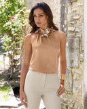 Faux Leather floral mock neck blouse Champagne
