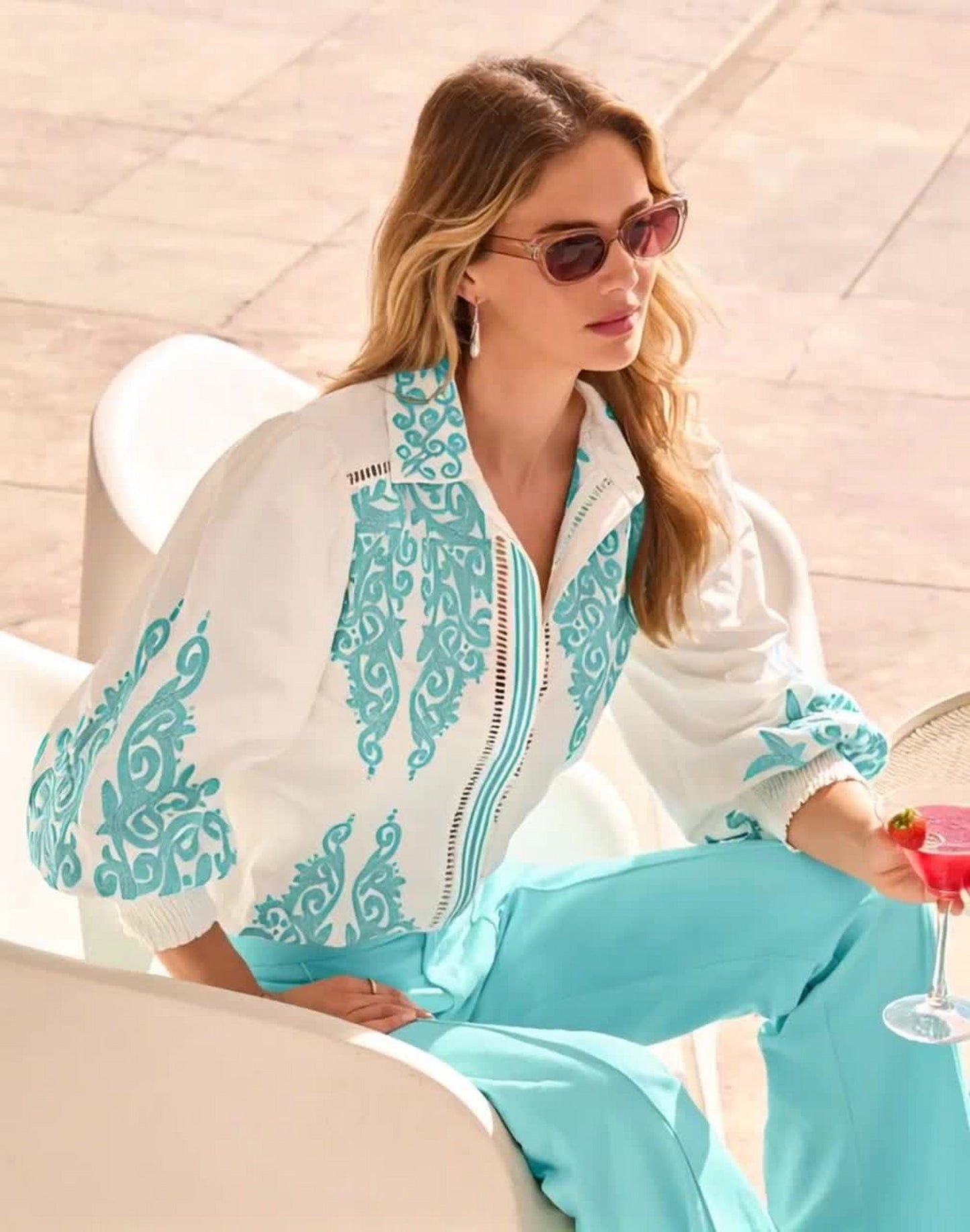 Hamptons Scroll Detail Button Up Shirt Tanager Turquoise