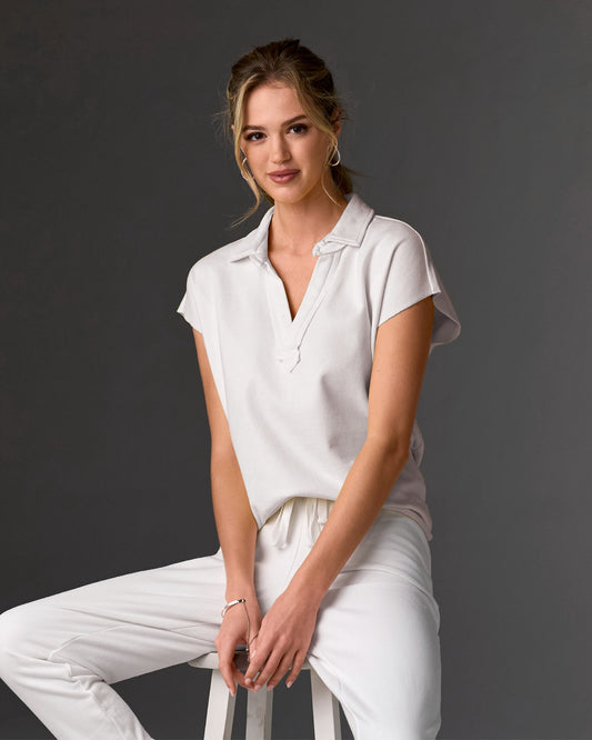 Cotton Comfort Short Sleeve Collared Lounge Top White