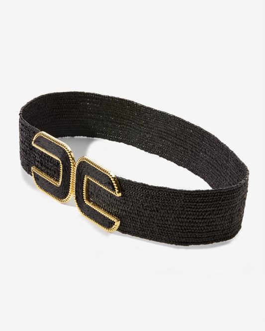 Gold Hardware Raffia Elastic Belt Black