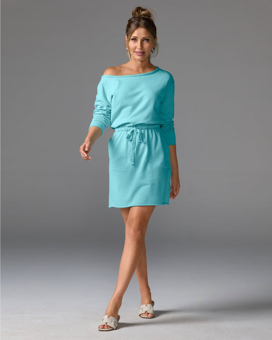 Cotton Comfort Slouchy Drawstring Sport Dress Aqua Splash
