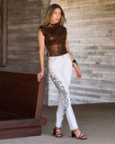 Newport High Rise Paisley Embellished Slim Straight Jean Off White/Brown