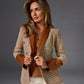 Faux Leather Trim Neutral Tweed Double Breasted Blazer Cognac Multi