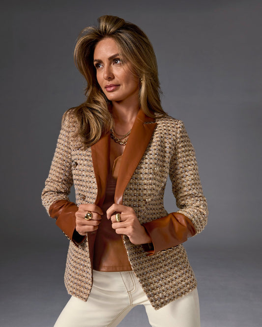 Faux Leather Trim Neutral Tweed Double Breasted Blazer Cognac Multi