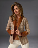 Faux Leather Trim Neutral Tweed Double Breasted Blazer Cognac Multi