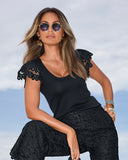 Scallop Lace Sleeve Knit Top Black