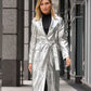 Metallic Faux Leather Blazer Style Trench Coat Silver