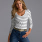 So Effortless Print V Neck Three Quarter Top Thin Stripe