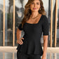 Beyond Travel Square Neck Elbow Sleeve Peplum Top Jet Black