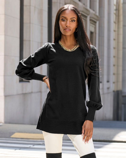 Lightweight Puff Sleeve Tunic Sweater Black
