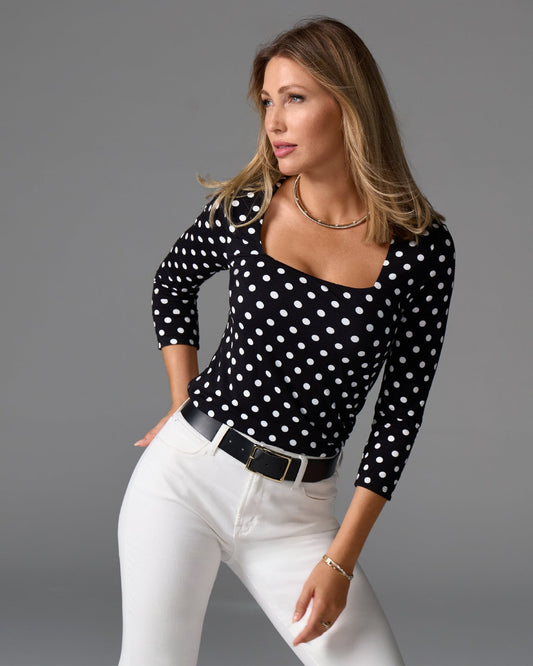 So Effortless Print Square Neck Three Quarter Sleeve Top Polka Dot