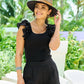 Linen Ruffle Ribbed Top Black