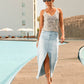 Front Slit Denim Midi Skirt Light Wash