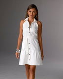 Collared Denim A Line Dress White