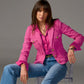 Modern Length Crest Button Luxe Denim Jacket Raspberry Rose