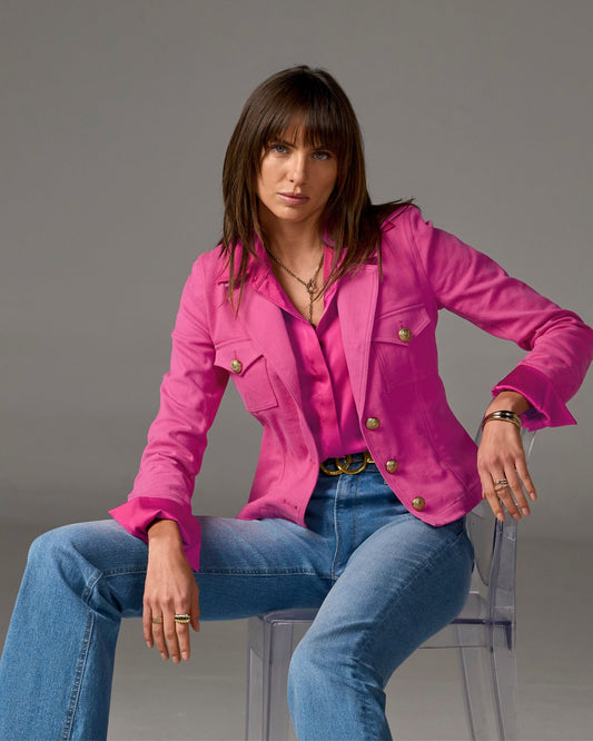 Modern Length Crest Button Luxe Denim Jacket Raspberry Rose