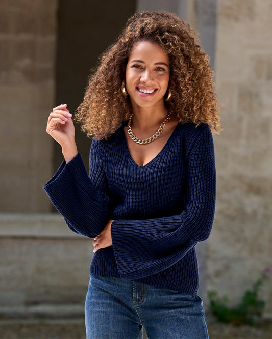 Flare Sleeve V Neck Sweater Navy