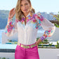 Print Textured Organza Victoria Drama Sleeve Shirt Iris Garden