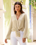 Linen Flare Sleeve Tie Front Shirt Flax