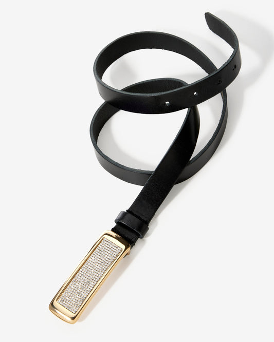 Skinny Gold and Crystal Leather Belt Black
