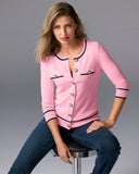 Colorblock Pearl Button Pullover Sweater Pink/Black