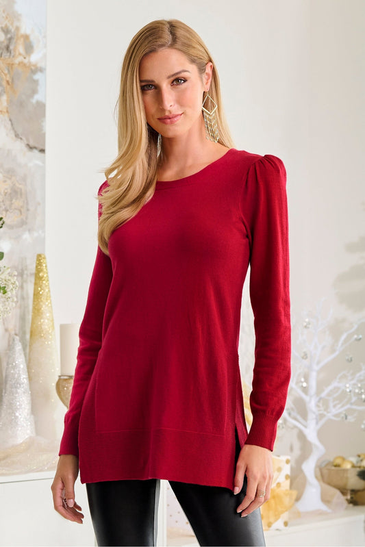 Puff-Sleeve Side Slit Sweater Jester Red
