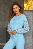 Embellished Lace Sleeve Sweatshirt Airy Blue