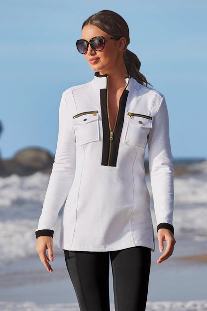 Long Sleeve Chic Zip Top White/Black