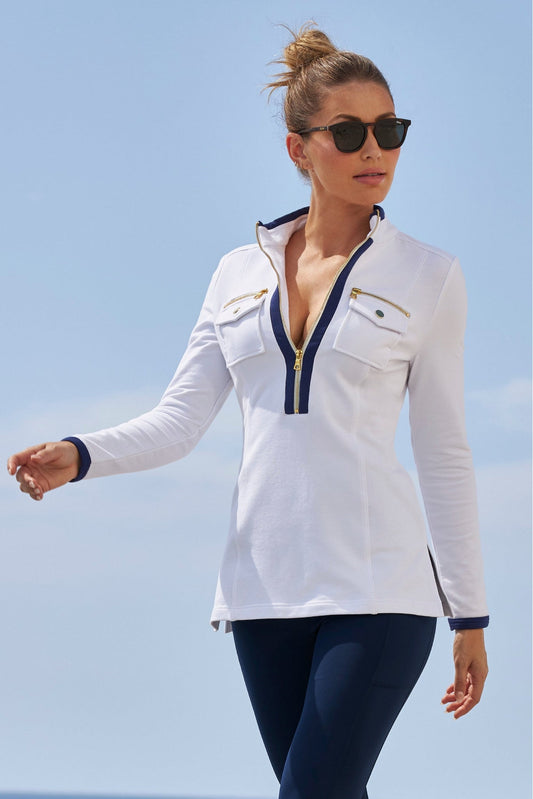 Long Sleeve Chic Zip Top White Navy