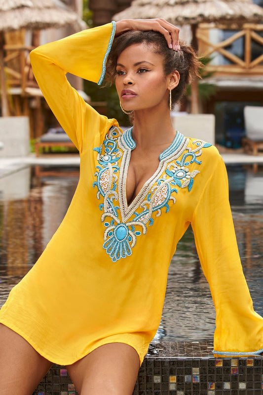Embellished V Neck Resort Tunic Yellow Multi
