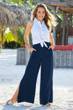 Linen side slit pant Navy
