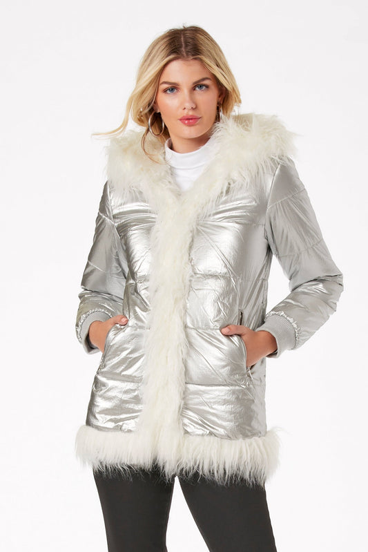 Hooded Metallic Faux Fur Puffer Coat Silver