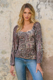Paisley Boho Ruched Knit Top Pink Multi