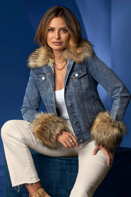 Removable Faux Fur Trim Denim Jacket Medium Wash