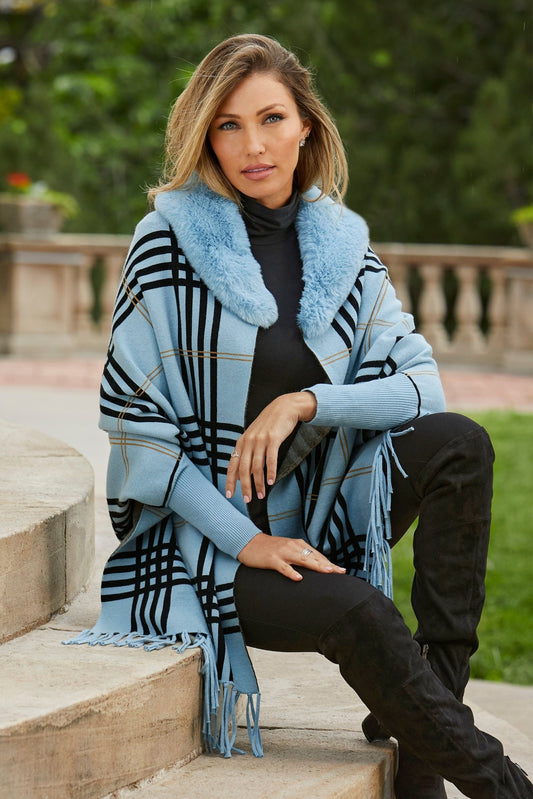 Plaid Faux Fur Collar Poncho Blue Multi