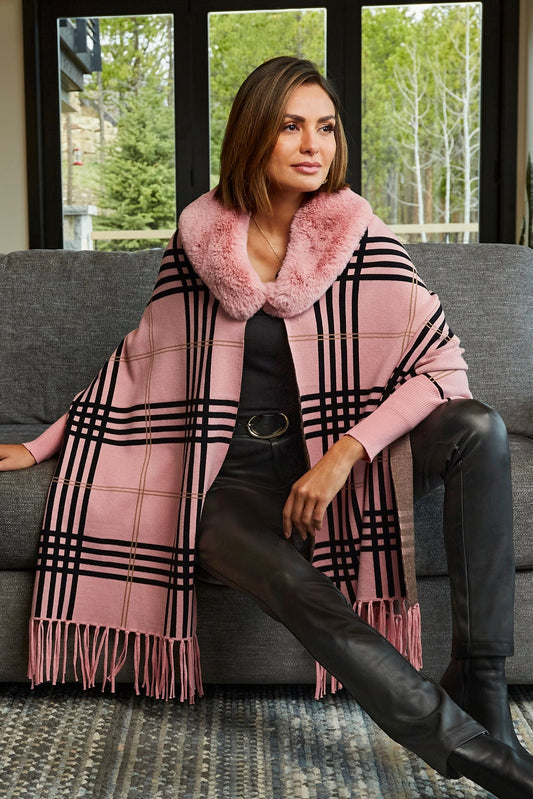 Plaid Faux Fur Collar Poncho Pink Multi