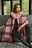 Plaid Faux Fur Collar Poncho Pink Multi