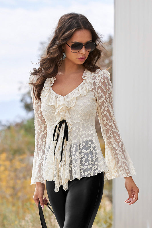 Lace Knit Ruffle Tunic Off White